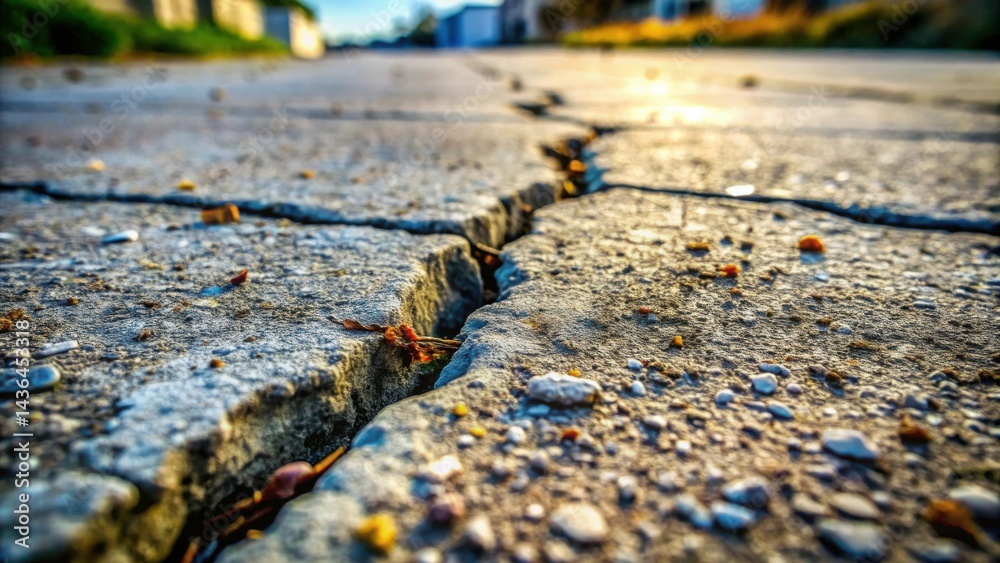 Poster close-up view of a cracked paved surface, showing texture and detail in sunlight