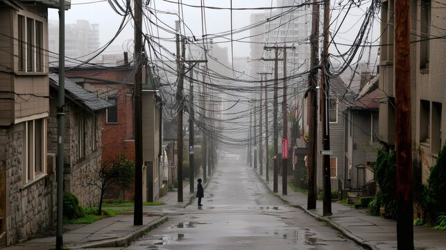 Foggy Urban Street with Power Lines and Buildings on a Rainy Day in a Quiet City Neighborhood