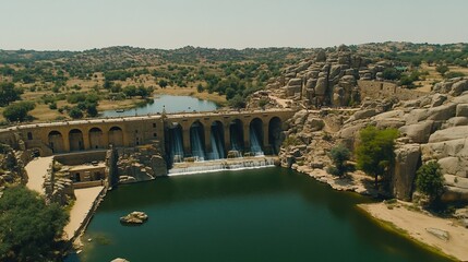 Aerial view of a stone arch bridge and dam, cascading water into a tranquil lake surrounded by rocky terrain and sparse vegetation