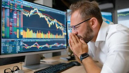 The Weight of Investment: A seasoned trader leans over his computer screen, engrossed in analyzing market trends displayed on a monitor filled with fluctuating charts. - Powered by Adobe