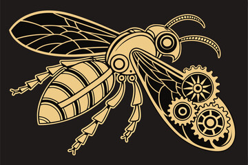 31 Steampunk mechanical bee, intricate brass gears, transparent wings, clockwork insect, ornate Victorian engineering, delicate metalwork, wheel-mounted, propeller tail, large glass eyes, golden machi