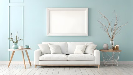 A minimalist living room with a white frame with copy space on a light blue wall, near a low-profile sofa and coffee table.