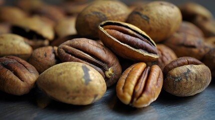 Obraz premium Rich Brown and Golden Hues of Pecans Artfully Arranged on a Textured Surface