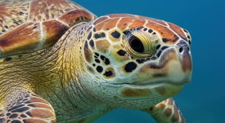 Fototapeta premium Close-Up Portrait of a Sea Turtle with Mottled Skin and Deep Brown Eyes