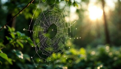 Enchanting Web: A meticulously crafted spiderweb, glistening with morning dew, is suspended in the dappled light of a sun-drenched forest. Capturing the ethereal beauty of nature's artistry.