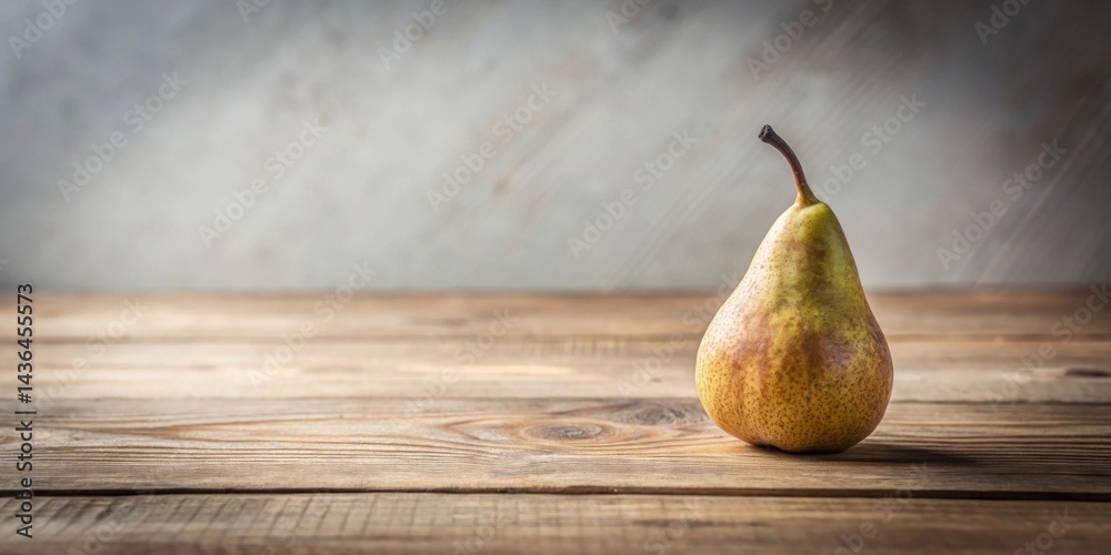 Poster rustic still life featuring a single ripe pear on weathered wooden surface against a neutral backgro