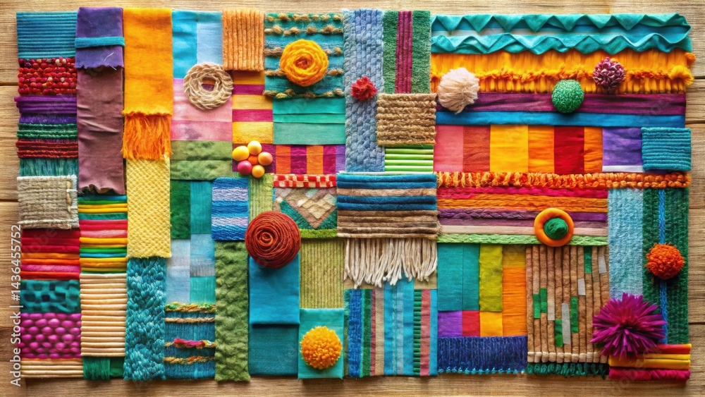 Poster vibrant textile collage featuring an array of woven fabrics, colorful yarns, and textured elements a