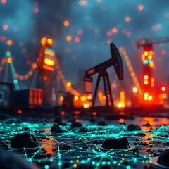 Neural networks and oil industry in the form of a bright abstract dark background with neon lights.