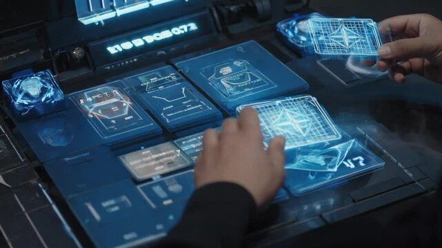 Hands interacting with holographic displays.