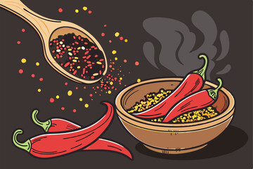 33 Vibrant spicy chili peppers, Wooden spoon pouring spice blend, Dramatic food photography, Dark background, Motion capture, Colorful spice particles, Smoke wisps, Extreme close-up, High contrast lig