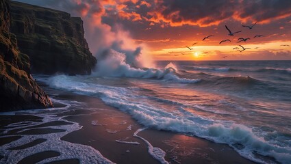 Naklejka premium Ocean Wave Crashing on Beach at Sunset with Cliff and Birds