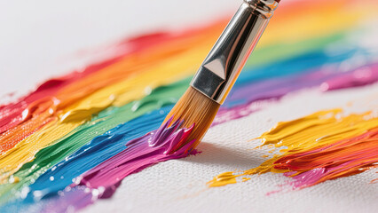  Close-up of a paintbrush mixing vibrant yellow paint on canvas. Close-up of a paintbrush mixing vibrant rainbow paint on canvas.