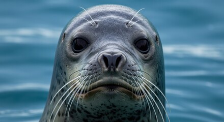 Fototapeta premium Leopard Seal Close-Up with Reflective Fur and Dark Eyes