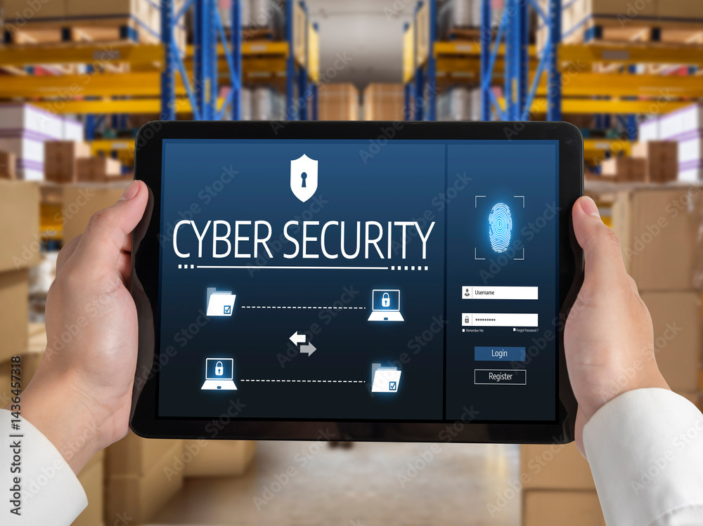 Poster cyber security system on computer screen protect private information snugly from hacker and cyber at