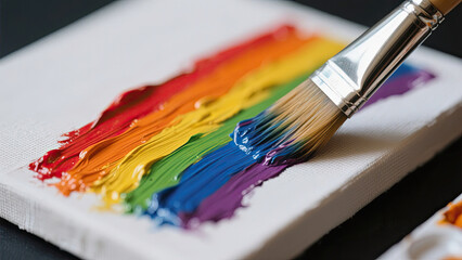 Fototapeta premium Close-up of a paintbrush mixing vibrant yellow paint on canvas. Close-up of a paintbrush mixing vibrant rainbow paint on canvas.