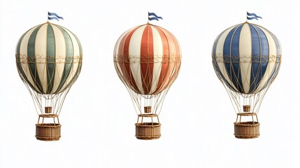 Colorful Striped Hot Air Balloons Set with Baskets in Blue Sky