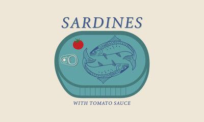 Fototapeta premium Sardines With Tomato sauce dinner Tin box seafood fish vector fish tee shirt artwork or poster, sticker, and other uses