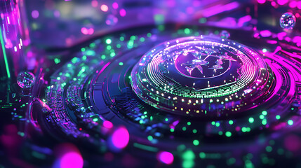 Close-up of a Tether (USDT) coin floating in a neon liquid matrix