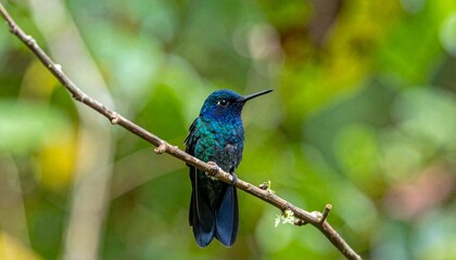 Obraz premium blue hummingbird. blurred forest background