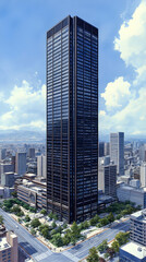 Obraz premium A tall skyscraper dominates a city landscape surrounded by smaller buildings green spaces and roads