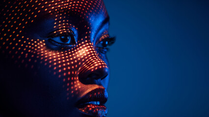 Close-up portrait of a Black woman’s face lit by red dot grid in dark blue lighting—ideal for cyberpunk, diversity, and technology beauty themes.