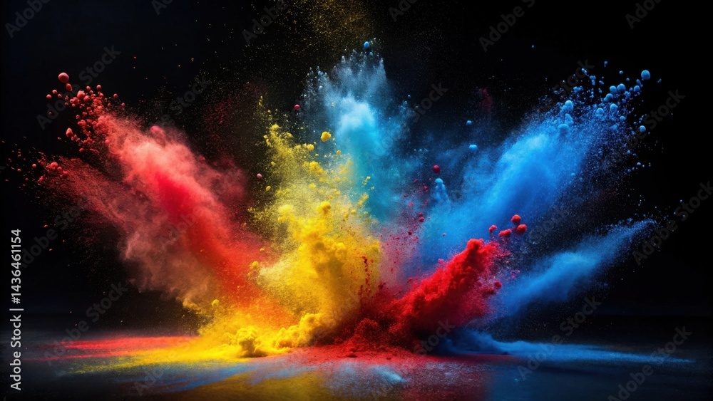 Poster vibrant color explosion a dynamic display of red, yellow, and blue powder clouds against a dark back