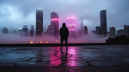 Mysterious Figure Standing Alone in the Foggy Cityscape with Neon Glow and Rainy Atmosphere at Night