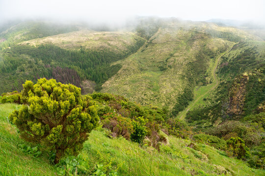 View over Rocha do Chambre on Trilho Rocha do Chambre - PRC06 on Terceira in the Azores of Portugal