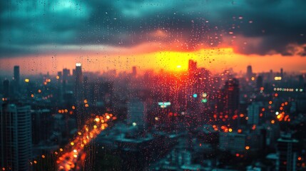 Fototapeta premium Rainy City Sunset Viewed Through Window