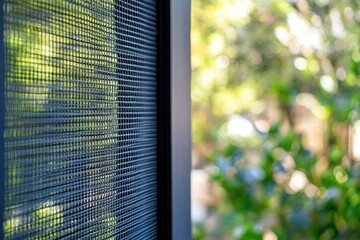 Exterior window security screen.  Blurred outdoor greenery visible beyond