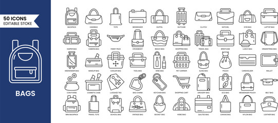 Bags line editable icon set. Contains icons related to types of bags. Vector illustration