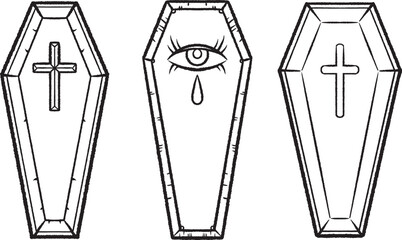 Hand-drawn black line coffin set with cross, crying eye, gothic symbolism. Tattoo style illustration isolated on white background