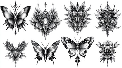 Ornate tattoo designs artfully arrayed on a white backdrop, usage for craft projects