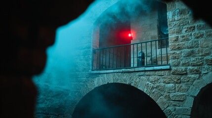 Mysterious Stone Archway with Fog and Red Light in Historic Building Interior