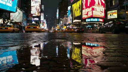 Obraz premium Vibrant Night Scene of Times Square with Reflection in Puddle and Illuminated Billboards
