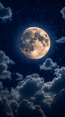 Full moon shining brightly amidst a starlit night sky and fluffy clouds