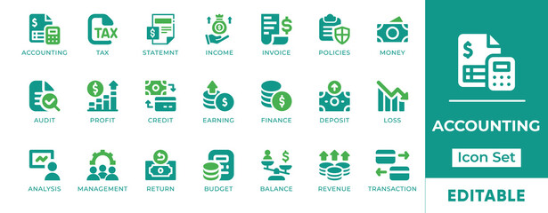 Flat vector icons for accounting, finance, tax, invoice, and financial analysis. Ideal for business apps, reports, presentations, and professional financial content.