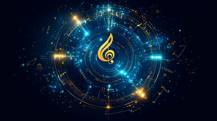 Glowing treble clef in a circular technological design with musical notes