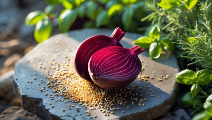 Halved red onion with seeds and herbs
