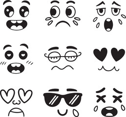 cute emotional doodle faces happy, sad, angry, surprised, sleepy, confused, heart eyes, cool with sunglasses, crying sketchy black and white
