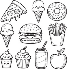 Cute food doodles, pizza slice, ice cream, burger, donut, cupcake, fries, soda can, apple, playful black line drawing
