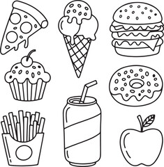 Cute food doodles, pizza slice, ice cream, burger, donut, cupcake, fries, soda can, apple, playful black line drawing
