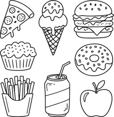 Cute food doodles, pizza slice, ice cream, burger, donut, cupcake, fries, soda can, apple, playful black line drawing
