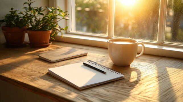 Sunlight streams through a window onto a wooden sill with notebooks, a coffee cup, and plants