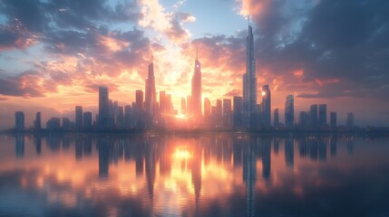 Naklejka premium Sci-fi city skyline sunrise view wallpapers