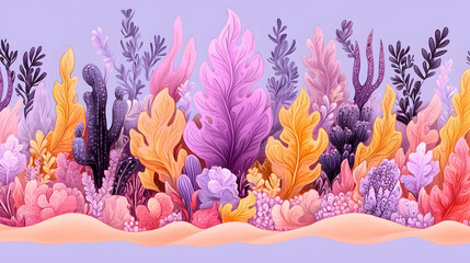 Vibrant stylized floral arrangement featuring various plant-like forms in shades of purple orange and pink  Set aga