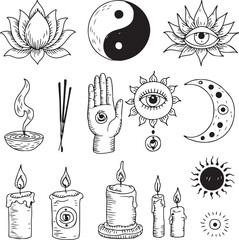 Doodle illustrations lotus flower, yin yang, third eye, incense stick, prayer hands, chakra symbols, candles, sun and moon, black and white sketch style
