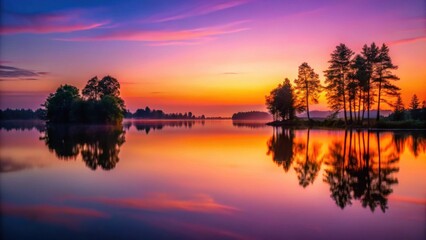 Obraz premium Serene Sunrise Over a Still Lake with Silhouetted Trees and Their Reflections