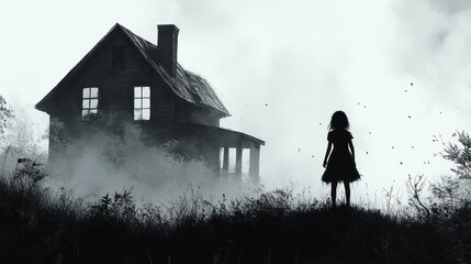 Girl, haunted house, misty field, spooky scene, Halloween