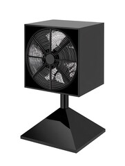 Sleek black cube desk fan with a conical base.  Features a visible circular fan blade